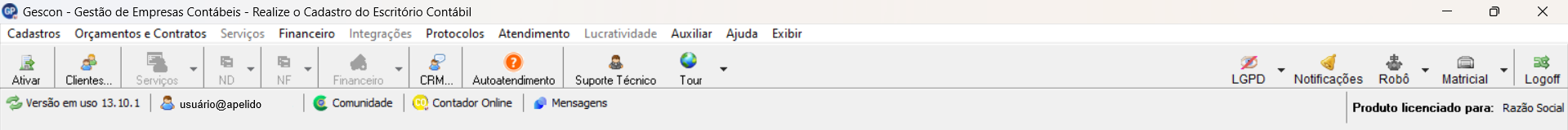 Tela inicial do sistema Gescon, possui um menu de ações na parte superior.
