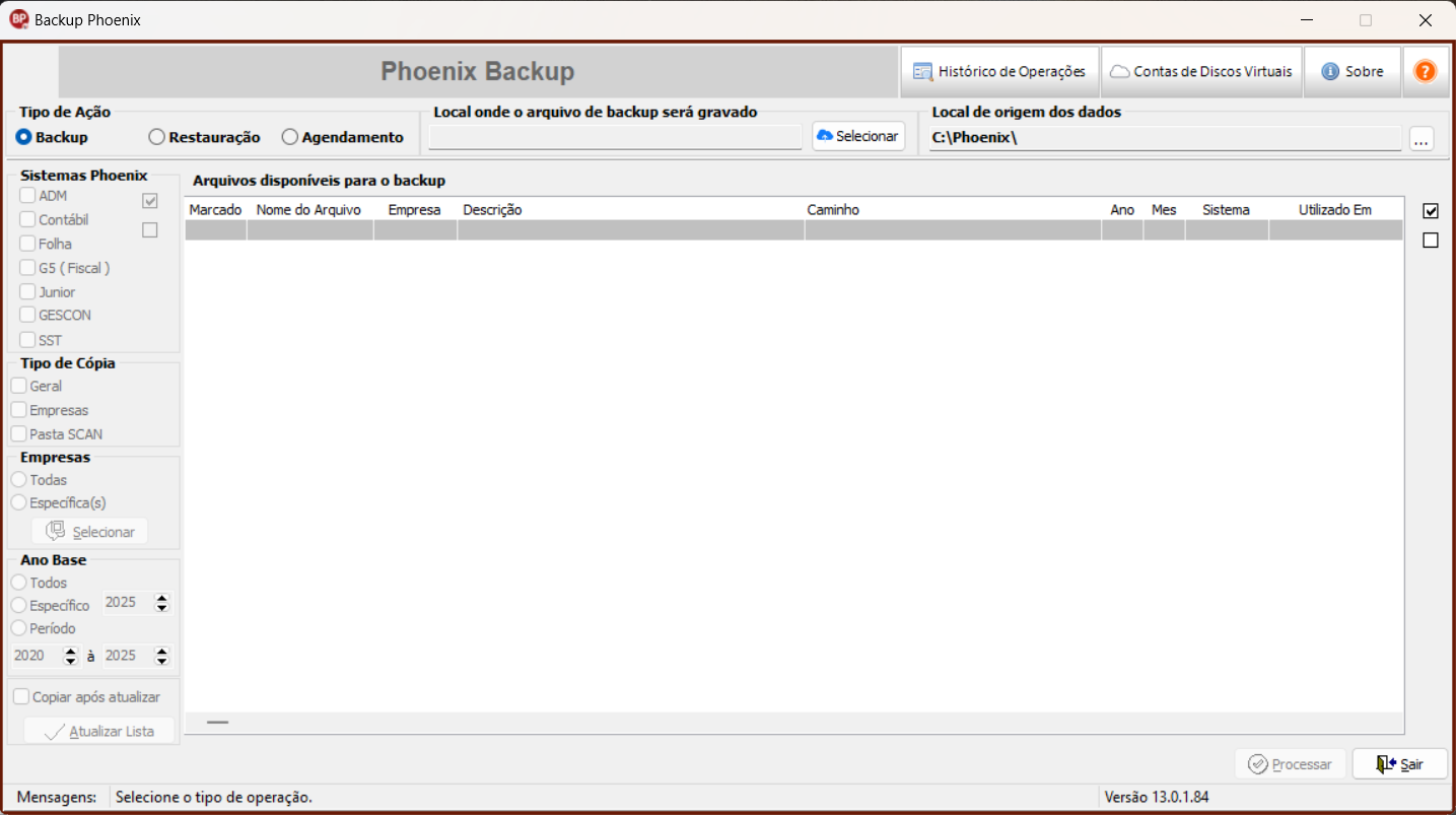 Tela inicial do sistema Backup, possui um menu de ações na parte superior.