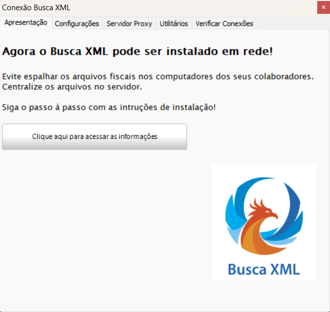 Aba de Apresentação do Busca XML com um botão para que o usuário saiba mais informações.