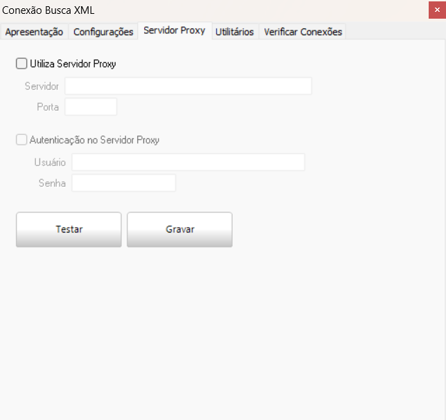 Aba Servidor proxy do Busca XML. Possui checkbox de utilização com campos para servidor e porta. Também há o checkbox de autenticação com campos de usuário e senha. Abaixo existem os botões Testar e Gravar.