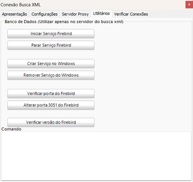 Aba Utilitários do Busca XML com sete botões referentes a configurações do Firewall do Windows e Firebird.