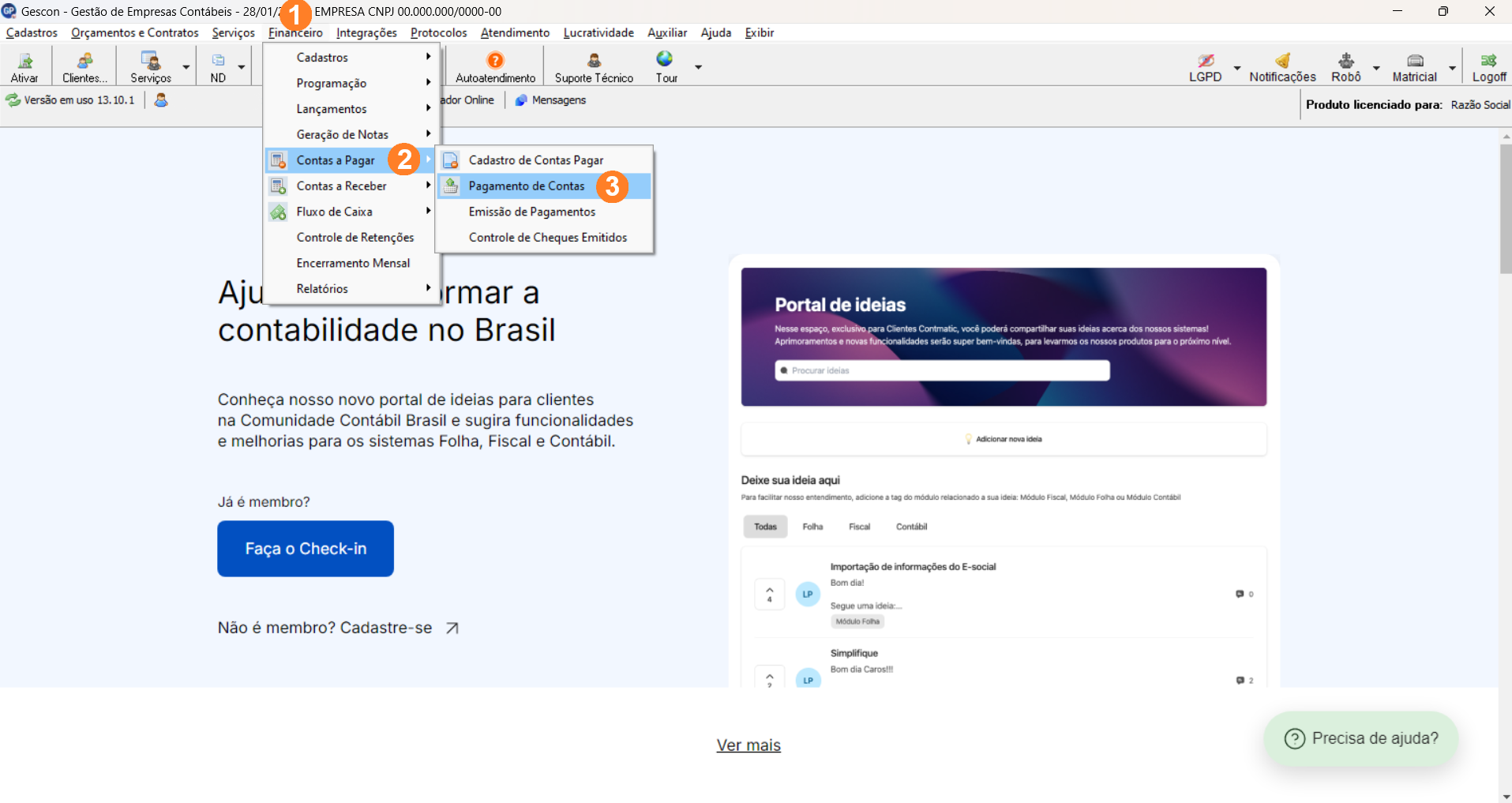 Tela inicial sistema Gescon, possui menu superior alinhado à esquerda sendo Financeiro o quarto item.