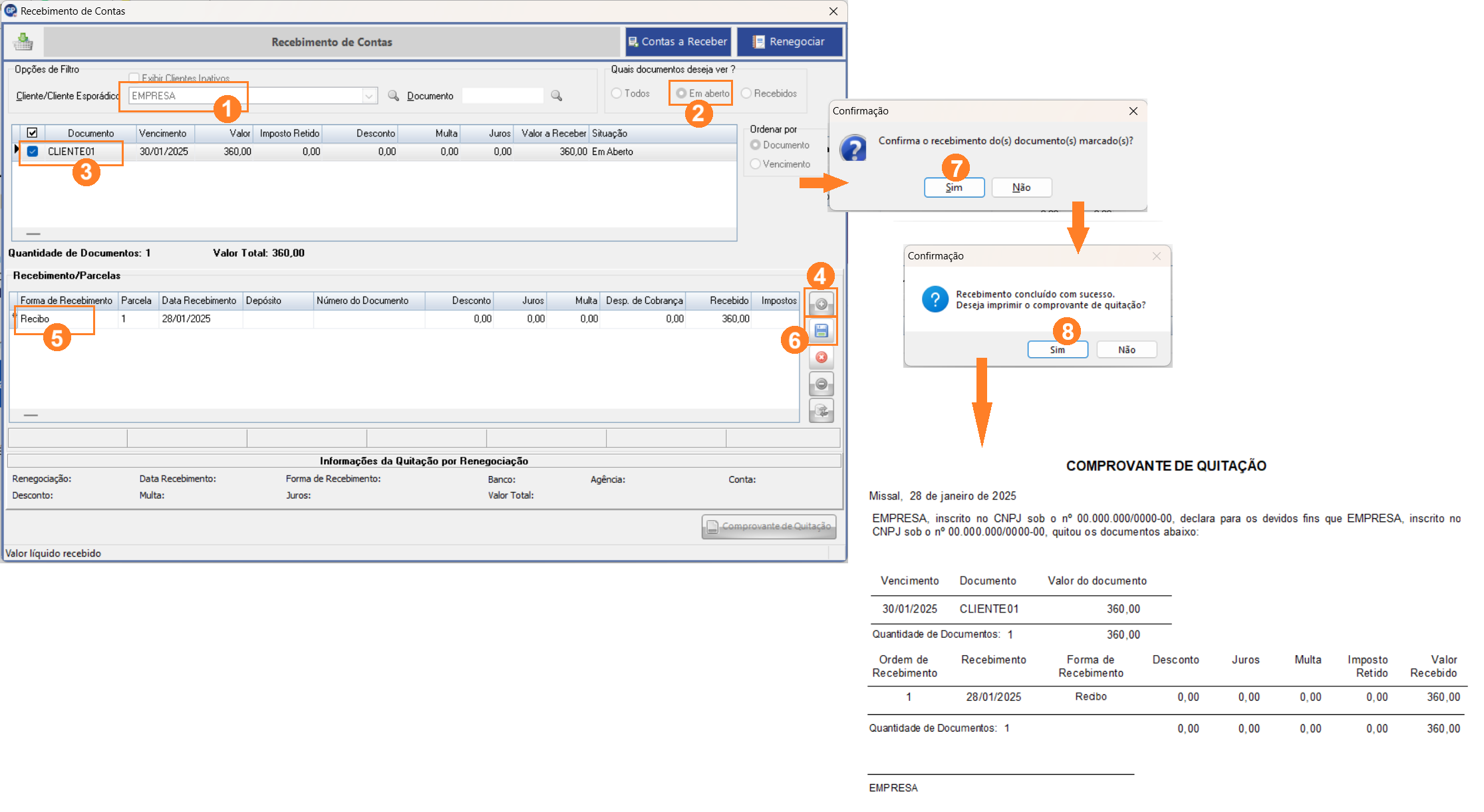 Do lado esquerdo, exibe a tela de recebimento de contas onde é possível selecionar o documento e a forma de recebimento. Do lado direito estão os pushs de confirmação de recebimento e impressão.