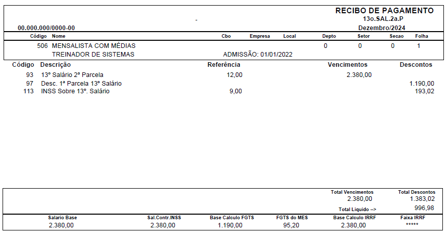 Recibo de pagamento referente à 2ª parcela do 13º salário de um funcionário exemplo.