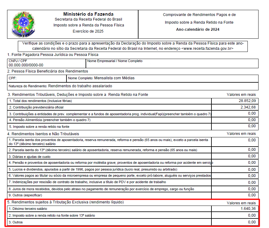 Comprovante de rendimentos pagos e de imposto sobre a renda retido na fonte de um funcionário exemplo.