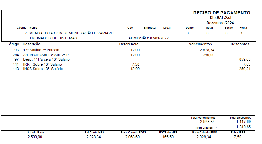 Recibo de pagamento referente à 2ª parcela do 13º salário de um funcionário exemplo.