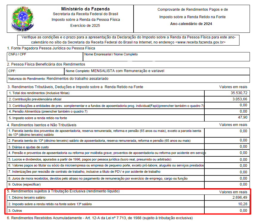 Comprovante de rendimentos pagos e de imposto sobre a renda retido na fonte de um funcionário exemplo.