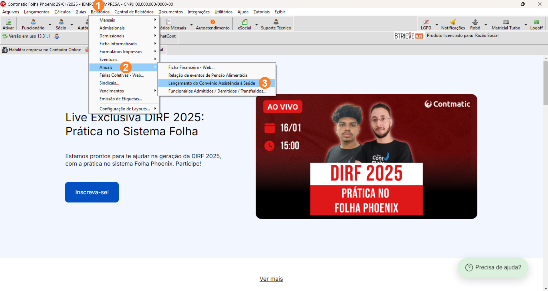 Tela inicial sistema Folha, possui menu superior alinhado à esquerda sendo Relatórios o quinto item.