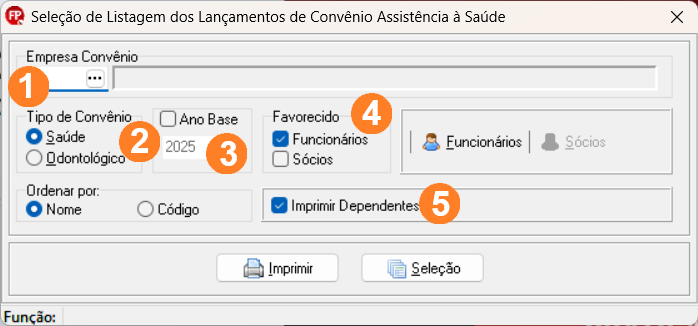 Tela de seleção de listagem dos lançamentos de plano de saúde. Possui filtros de tipo de convênio, ano base, favorecido e permite imprimir dependentes.
