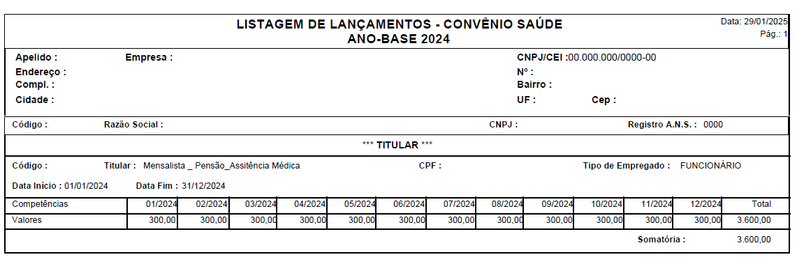 Listagem de lançamentos referente ao convênio saúde de um funcionário exemplo.