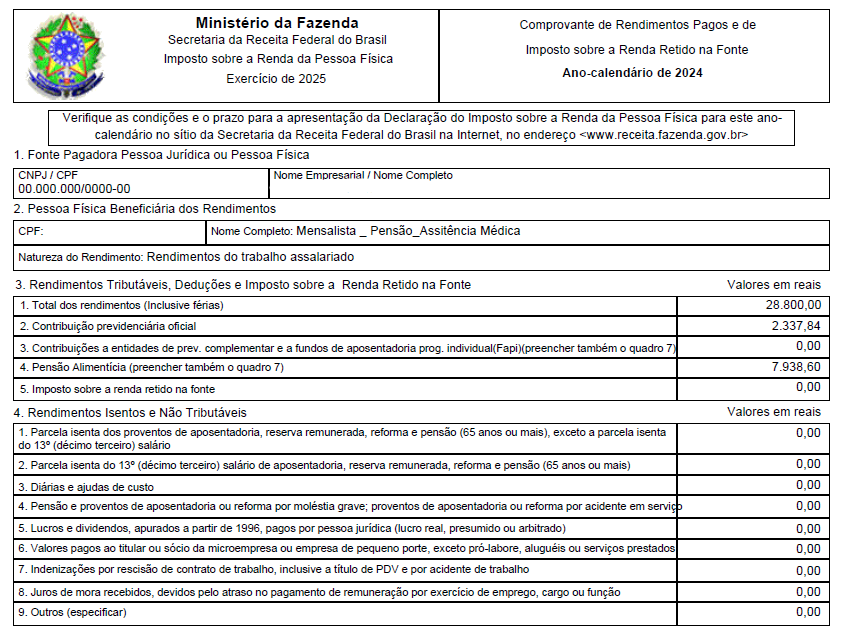 Comprovante de rendimentos pagos e de imposto sobre a renda retido na fonte de um funcionário exemplo.