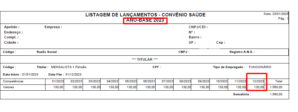 Listagem de lançamentos referente ao convênio saúde de um funcionário exemplo.