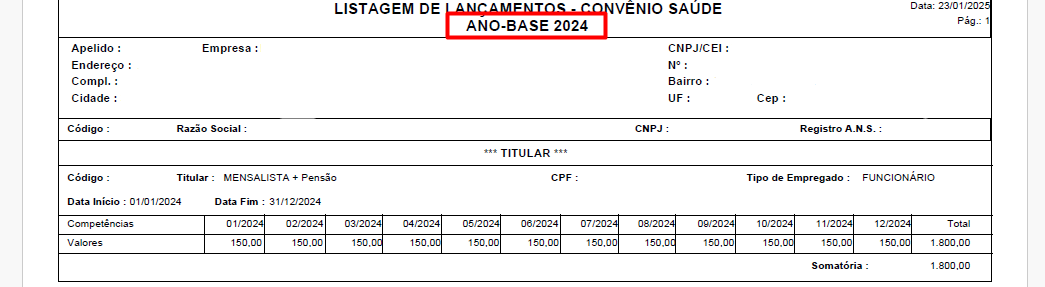 Listagem de lançamentos referente ao convênio saúde de um funcionário exemplo.