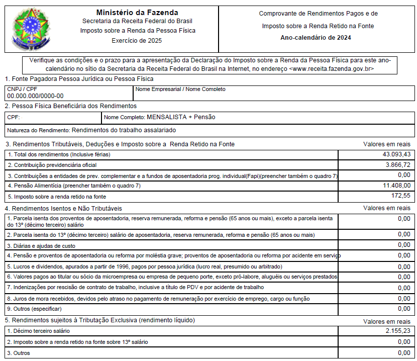 Comprovante de rendimentos pagos e de imposto sobre a renda retido na fonte de um funcionário exemplo.