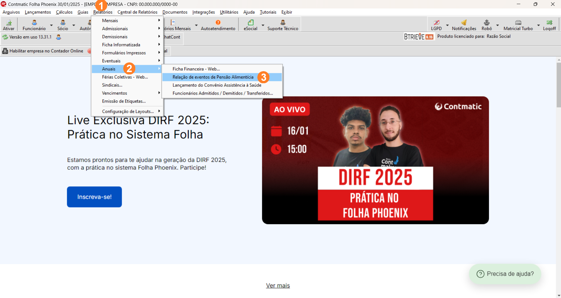 Tela inicial sistema Folha, possui menu superior alinhado à esquerda sendo Relatórios o quinto item.