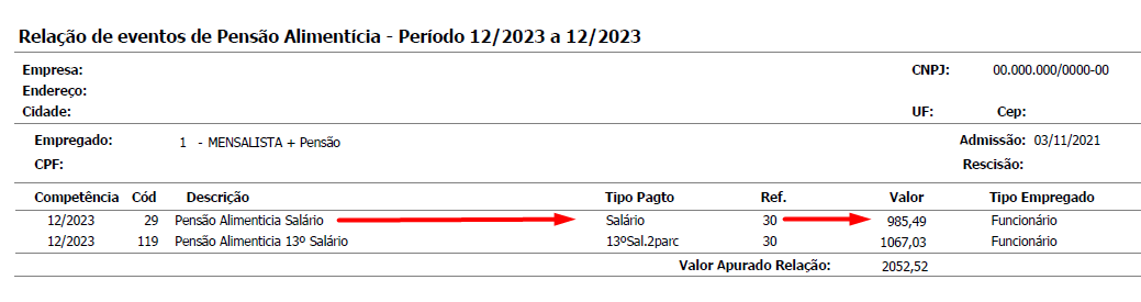 Relação de eventos de pensão alimentícia de um funcionário exemplo.