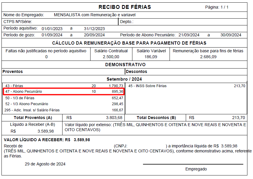 Recibo de férias de um funcionário exemplo.