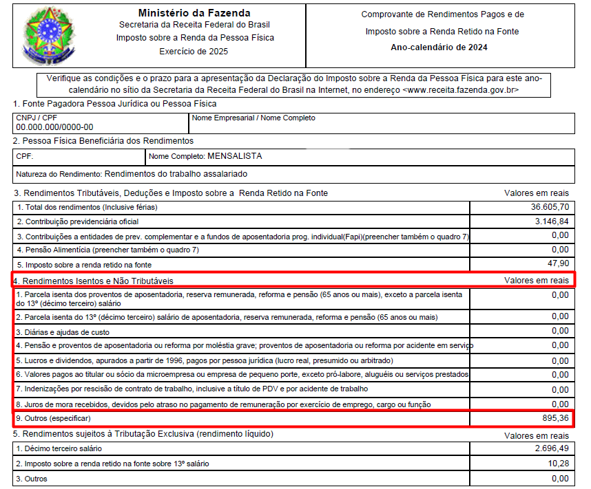 Comprovante de rendimentos pagos e de imposto sobre a renda retido na fonte de um funcionário exemplo.