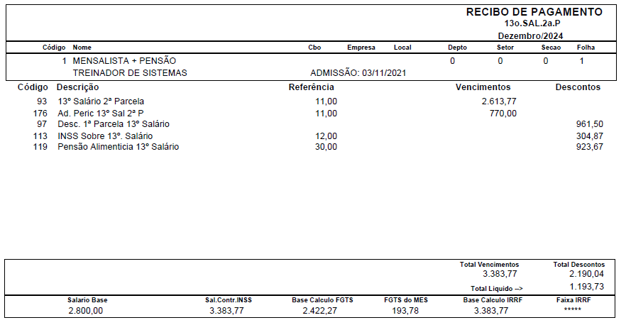 Recibo de pagamento referente à 2ª parcela do 13º salário de um funcionário exemplo.