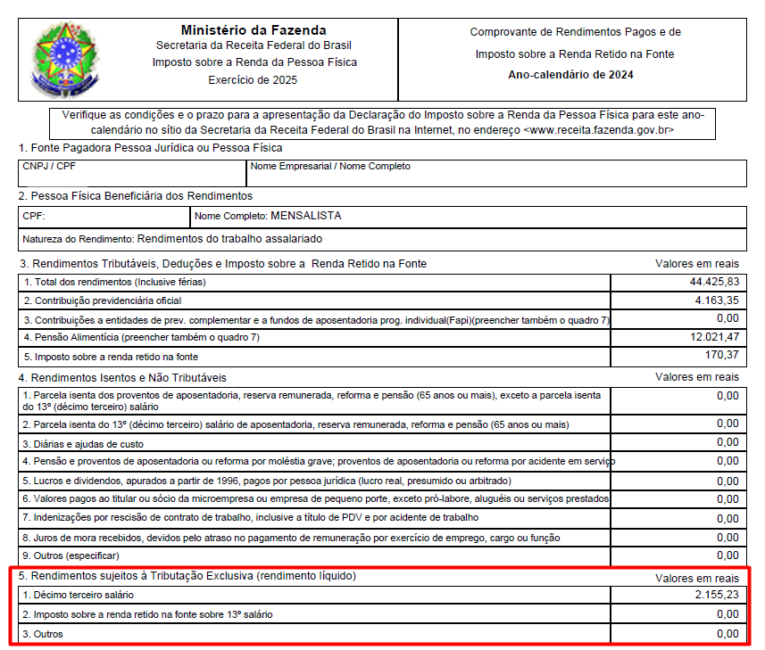 Comprovante de rendimentos pagos e de imposto sobre a renda retido na fonte de um funcionário exemplo.
