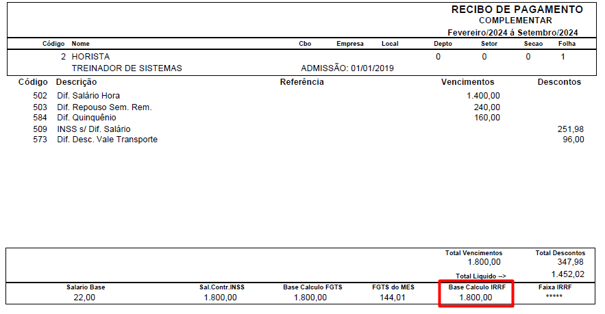 Recibo de pagamento complementar de um funcionário exemplo.