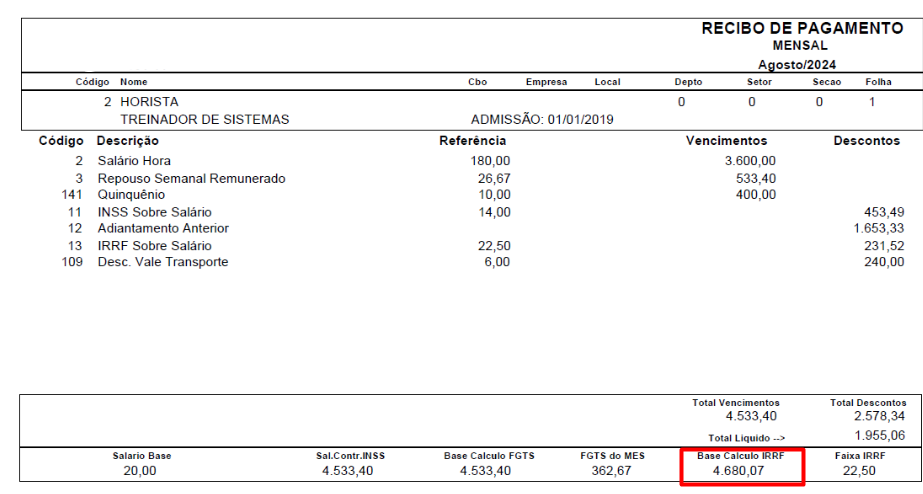 Recibo de pagamento mensal de um funcionário exemplo.