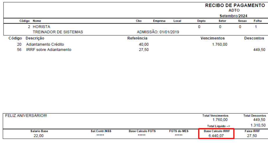 Recibo de adiantamento de um funcionário exemplo.