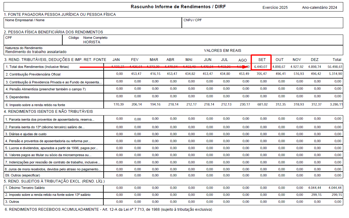 Rascunho do informe de rendimentos pagos e de imposto sobre a renda retido na fonte de um funcionário exemplo.