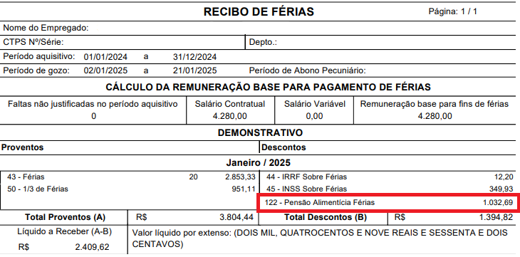 Recibo de férias de um funcionário exemplo.