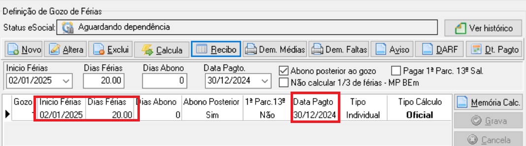 Recibo de férias de um funcionário exemplo.