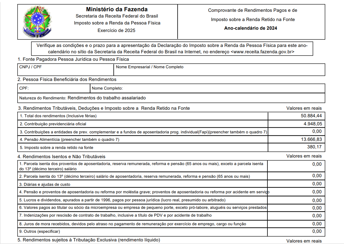 Comprovante de rendimentos pagos e de imposto sobre a renda retido na fonte de um funcionário exemplo.