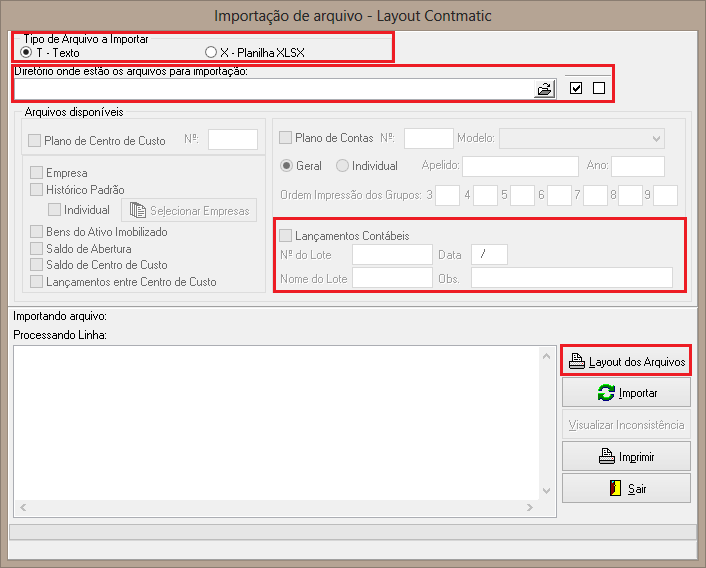 Tela de importação de arquivos utilizando o layout Contmatic. Exibe opção para selecionar arquivo em texto e campos para preencher o lançamento contábil.
