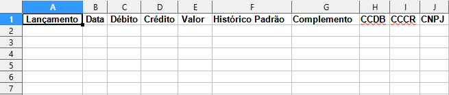 Padrão de colunas gerados pela planilha.