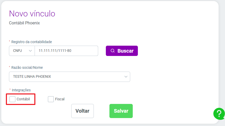Tela "Novo vínculo" para Contábil Phoenix com campos para CNPJ, Razão Social e caixa de seleção "Contábil" destacada em vermelho.