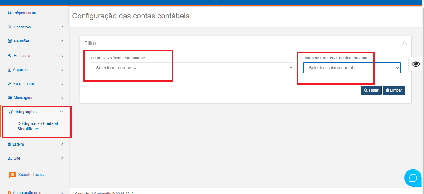 Tela de Configuração das contas contábeis com campos para selecionar a Empresa do vínculo Simplifique e o Plano de Contas do Contábil Phoenix.