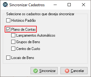 Janela "Sincronizar Cadastros" com a opção "Plano de Contas" selecionada em destaque vermelho e botões Sincronizar e Cancelar abaixo.