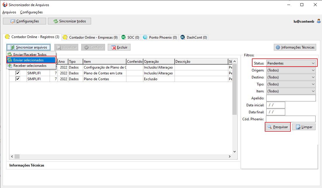 Interface do Sincronizador de Arquivos mostrando lista de registros pendentes para o sistema SIMPLIFIQUE e menu para enviar arquivos selecionados.