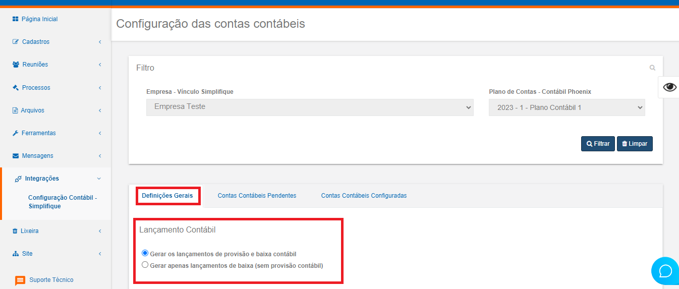 Aba "Definições Gerais" da configuração contábil com opção "Gerar os lançamentos de provisão e baixa contábil" selecionada.