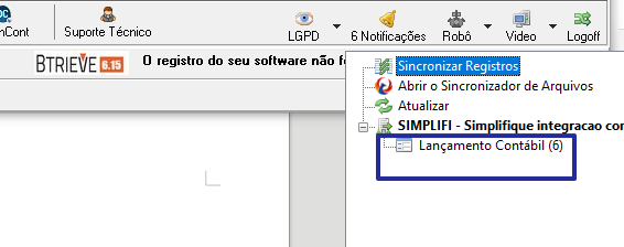 Menu de notificações mostrando 6 registros pendentes e a opção "Lançamento Contábil" sob a integração Simplifique para sincronizar.