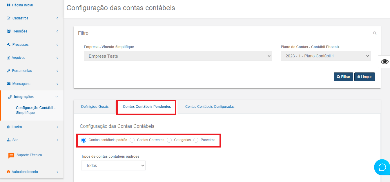 Aba "Contas Contábeis Pendentes" com filtros para contas padrão, correntes, categorias ou parceiros para configuração da integração.