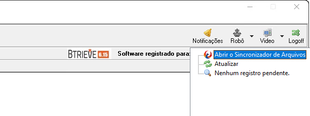 Menu suspenso do ícone "Robô" no software Contmatic, com a opção "Abrir o Sincronizador de Arquivos" em destaque.