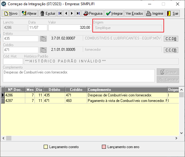 Janela de Correção da Integração exibindo detalhes de lançamentos de despesas de combustíveis e botões para integrar ou corrigir erros.