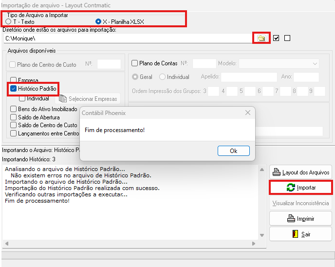 Tela de importação de arquivos. É possível selecionar a opção Planilha xlsx, o diretório onde estão os arquivos para importação e habilitar o Histórico padrão.
