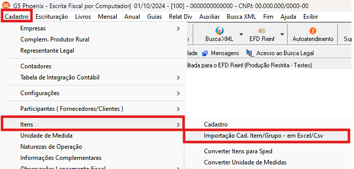 Menu de Cadastro do sistema G5.