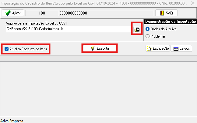 Tela de importação de cadastro do item/grupo pelo excel ou csv exibindo o diretório para importação.