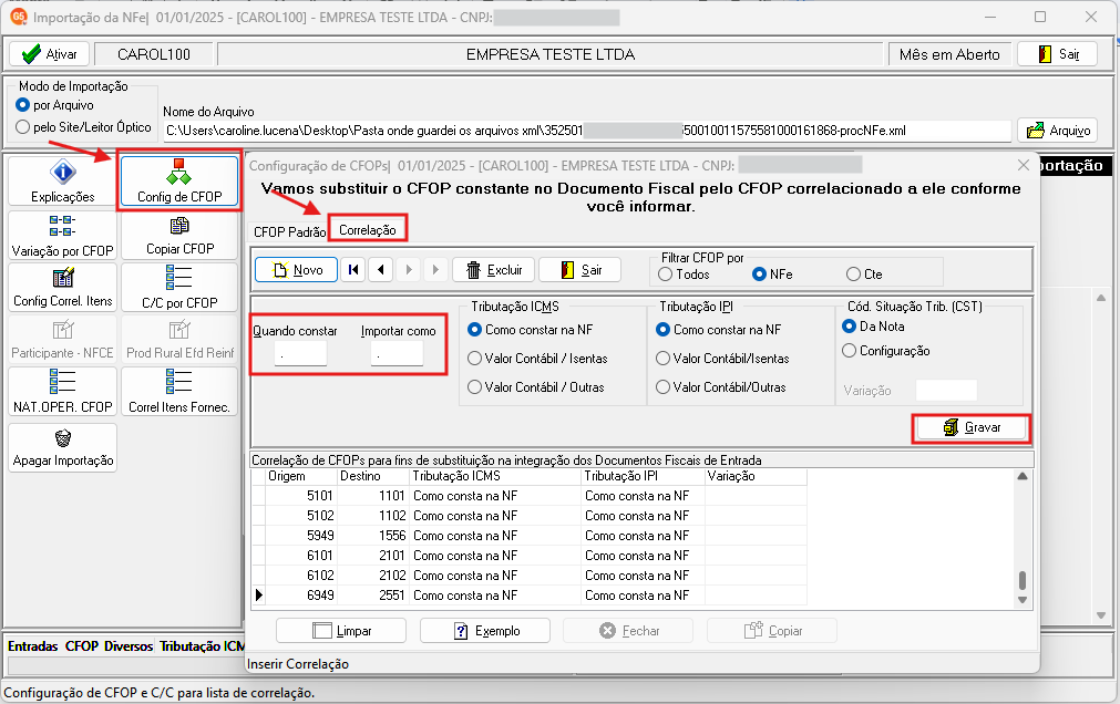 Aba Correlação da tela de configuração do CFOP.