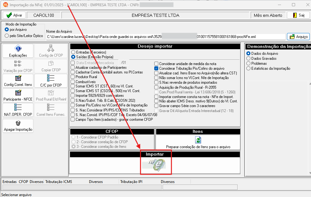 Tela de importação de NFe exibindo o botão Importar.