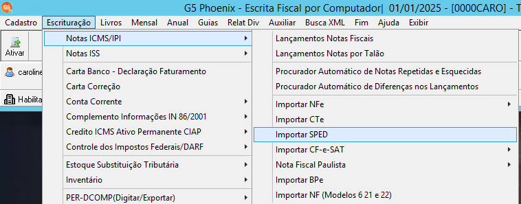 Menu do sistema G5 sendo Escrituração o segundo item.