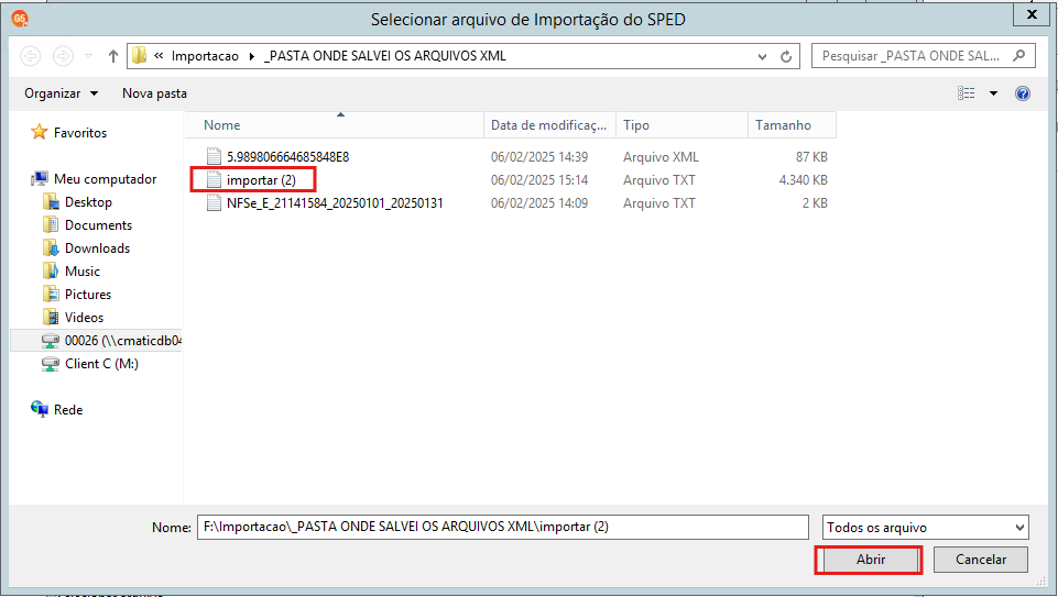 Diretório de seleção do arquivo de importação do SPED.