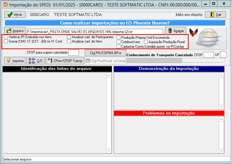 Checkboxes disponíveis para marcação na tela de importação do SPED.